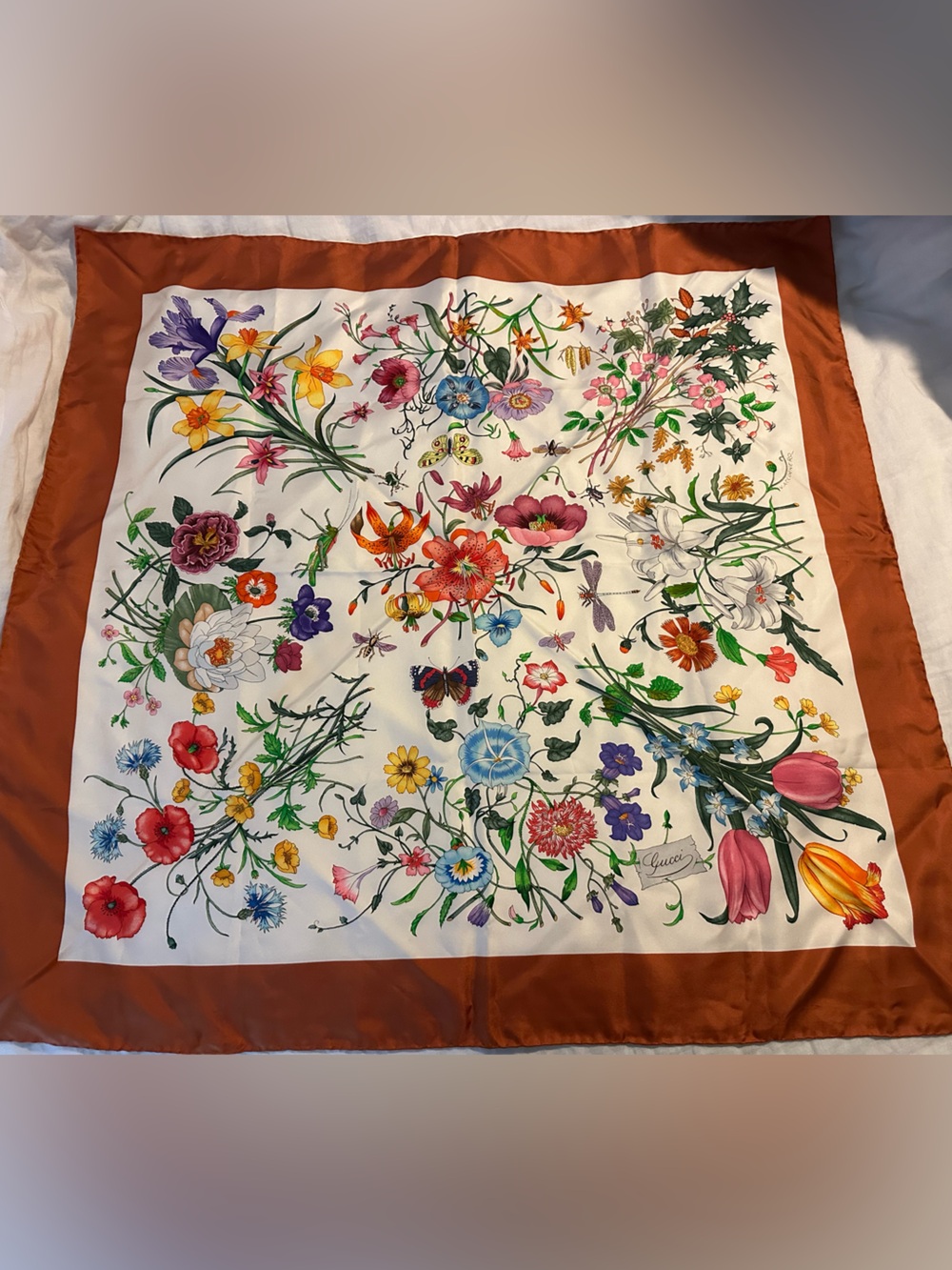 Gucci Multicolor Floral Silk Scarf with Rust Border